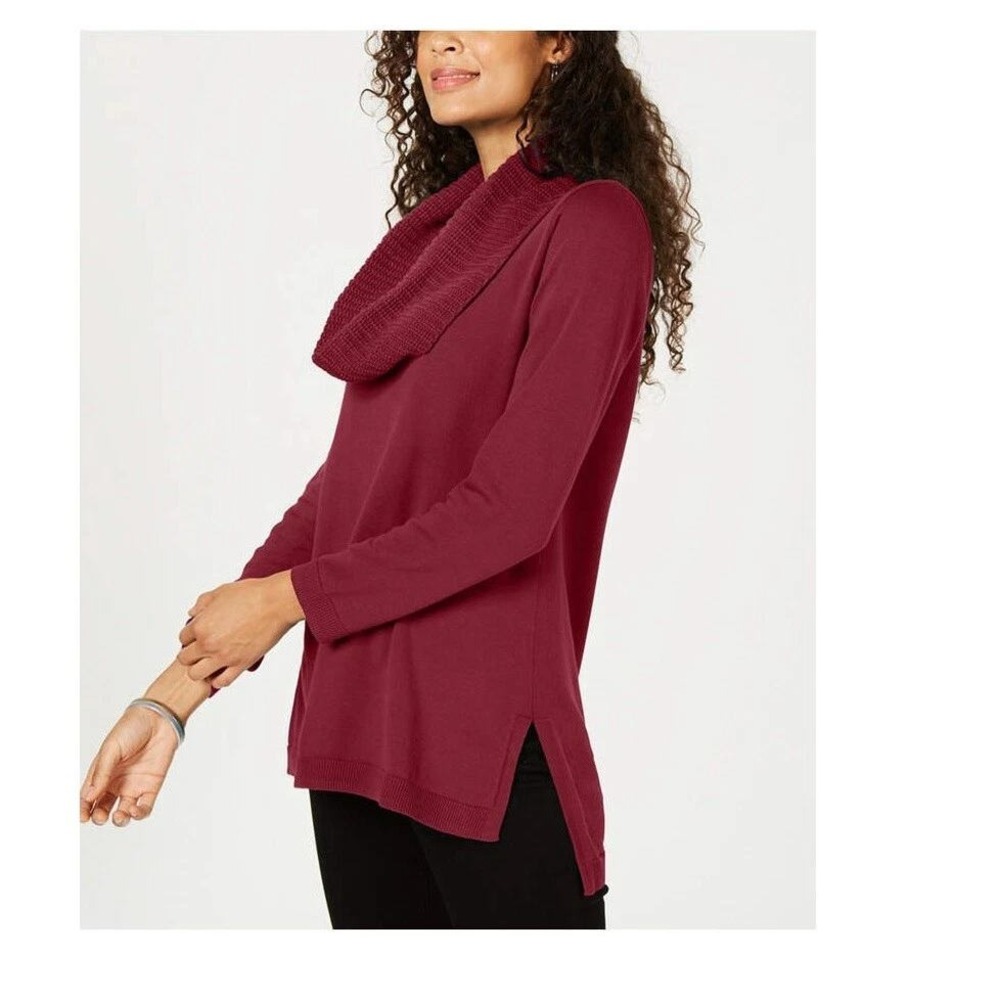Karen Scott Scarf Tunic Sweater Merlot Knit Wide Collar Large NWT Office Grandma